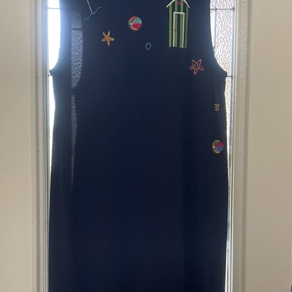 Michael Simon Black Knit Embroidered Beach Theme Full Length Shift Dress 2X